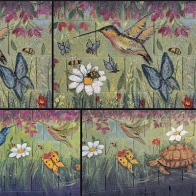 bee garden hummingbird flowers mural