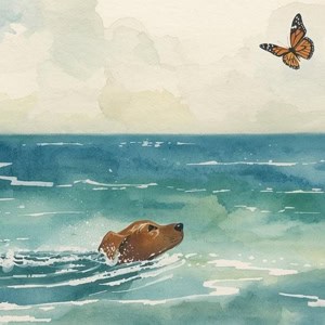 interior mural dog swimming butterfly