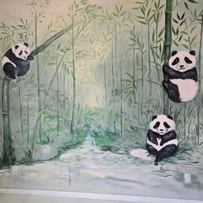 Serene wall mural of panda bears eating in a green bamboo forest.