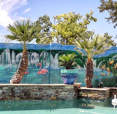 tropical backyard mural flamingos poolside