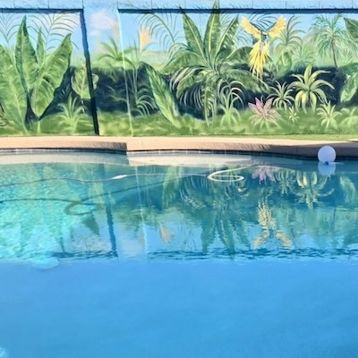 Tropical plants by pool.